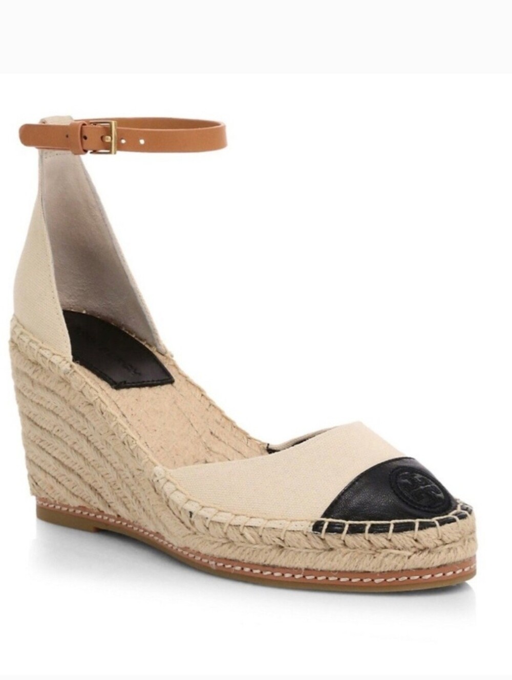 Tory Burch Cream Canvas Espadrille Wedges with Brown Toe Cap Size 9.5